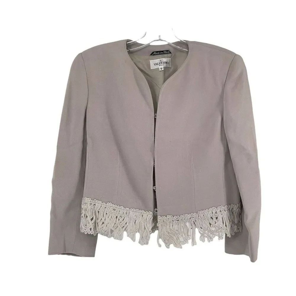Valentino Vintage Blazer Miss V Gray Short Waist Shoulder Pads 90s Size 42 US 8